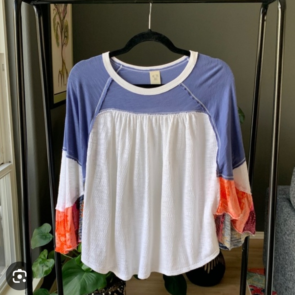 We The Free Blue and White Colorblock Top